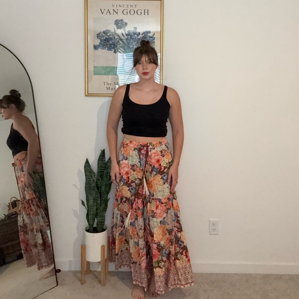 Aratta Floral Tiered Wide-Leg Pants Boho Border Print Size S